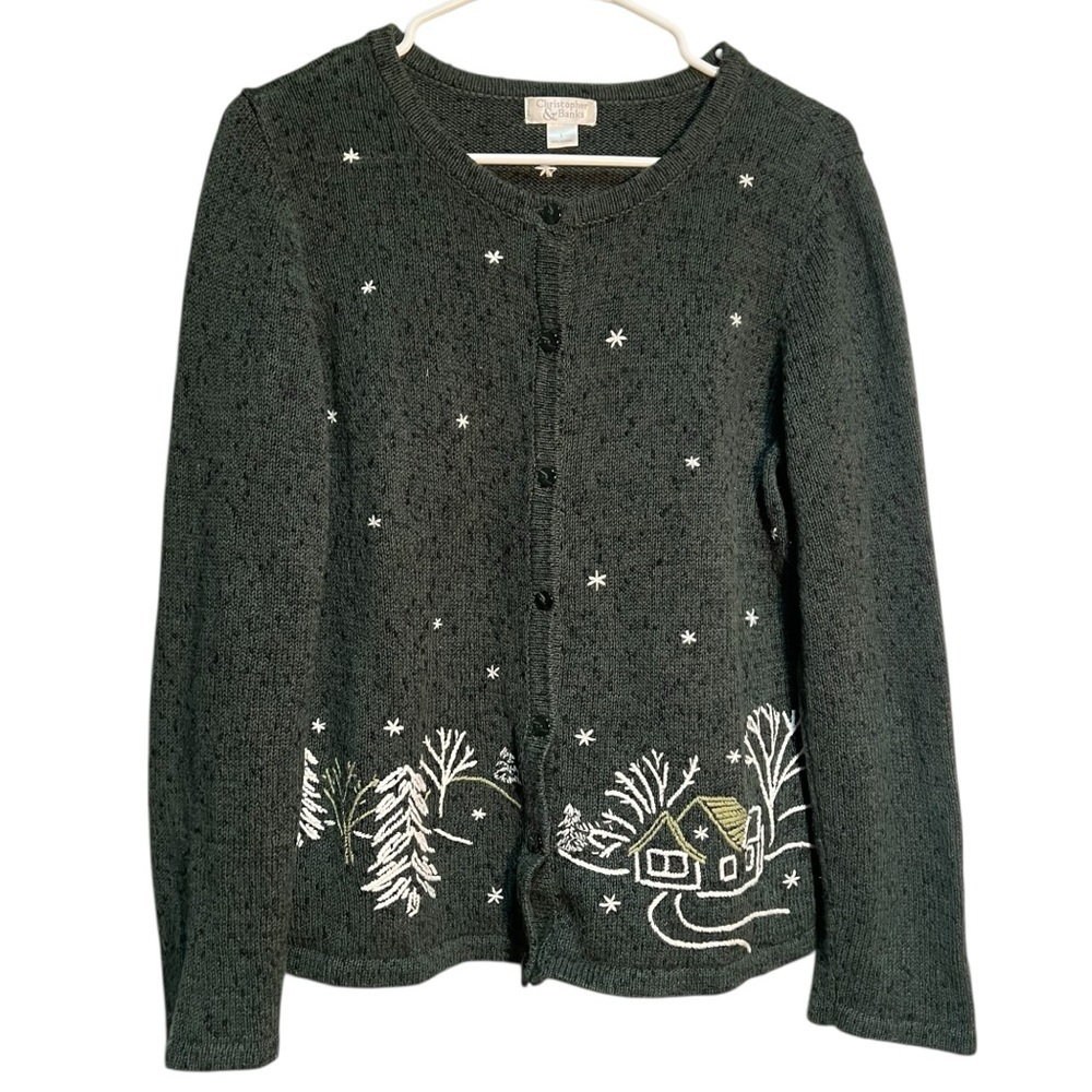 Christopher & Banks Women's Size Large Cardigan Sweater Green Winter Village